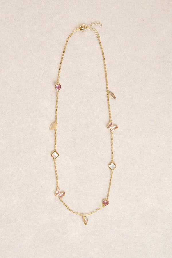Short Clover & Butterfly Necklace - Light Pink