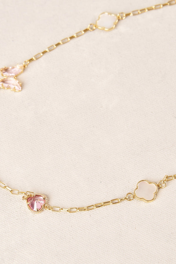 Short Clover & Butterfly Necklace - Light Pink