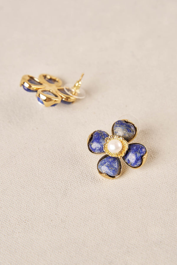 Stone Pearl Flower Earrings - Blue