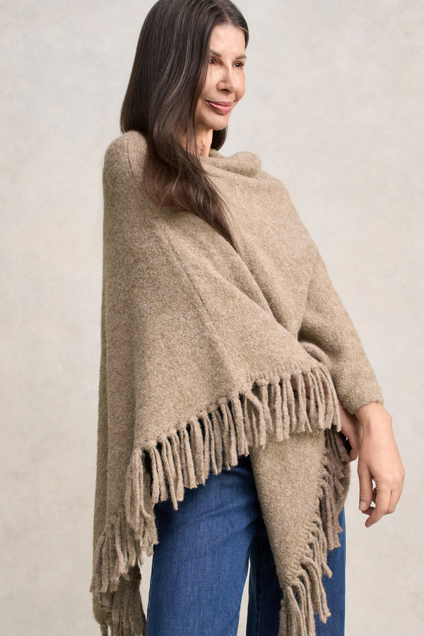 Wool Blend Tassel Trim Poncho - Taupe Marle