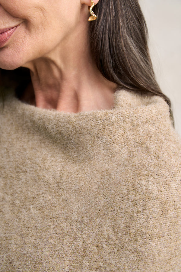 Wool Blend Tassel Trim Poncho - Taupe Marle