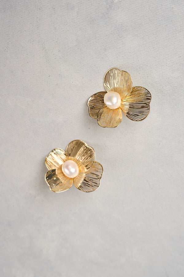 Flower and Pearl Statement Studs - Gold