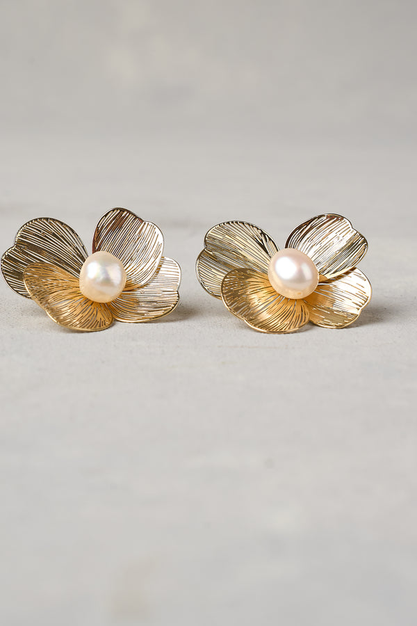 Flower and Pearl Statement Studs - Gold