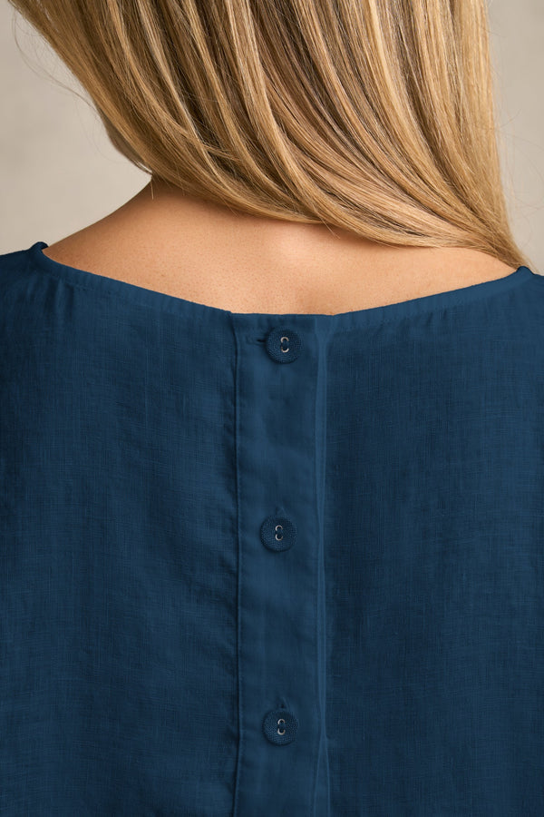 Linen Button Back Top - Navy Delave