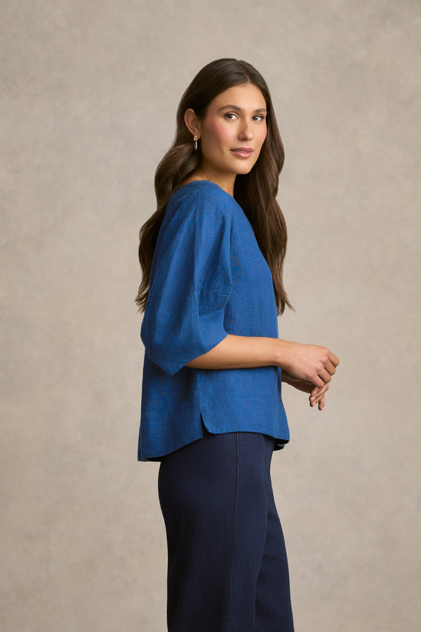 Linen Button Back Top - Periwinkle Cross Dye