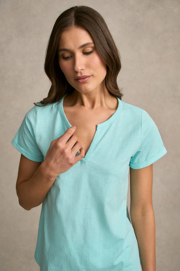 Notch Neck Cotton Tee - Aqua