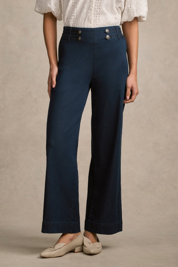 Tab Detail Wide Leg Jeans - Mid Wash Denim