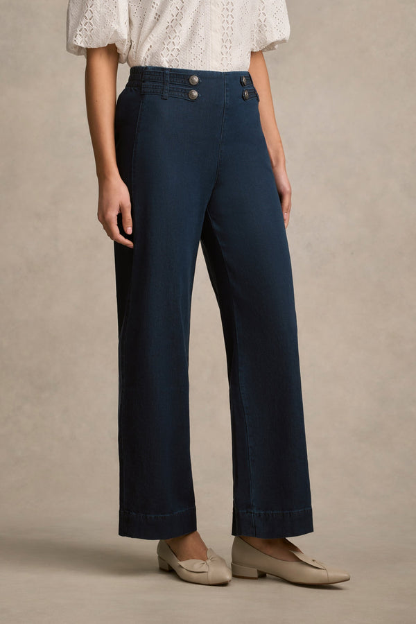 Tab Detail Wide Leg Jeans - Mid Wash Denim