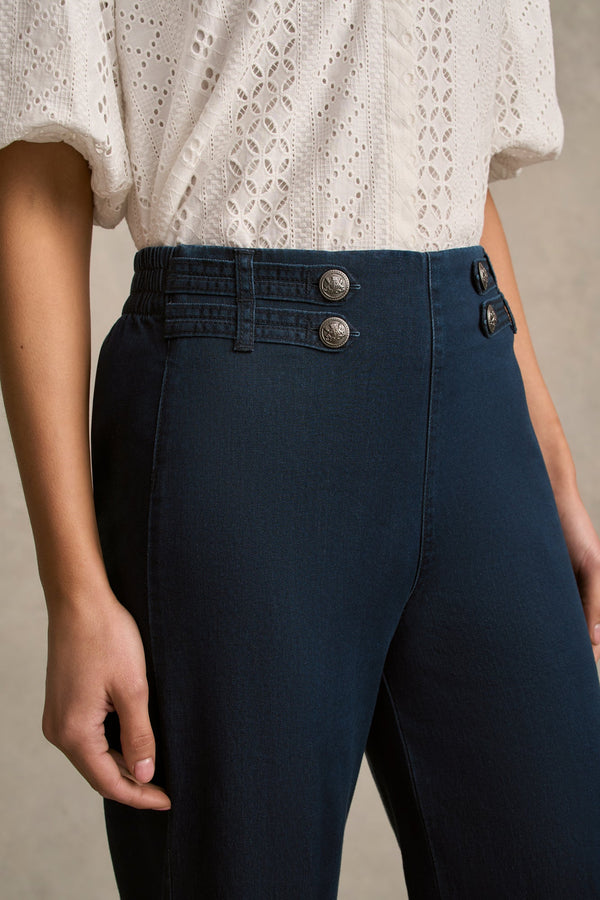 Tab Detail Wide Leg Jeans - Mid Wash Denim