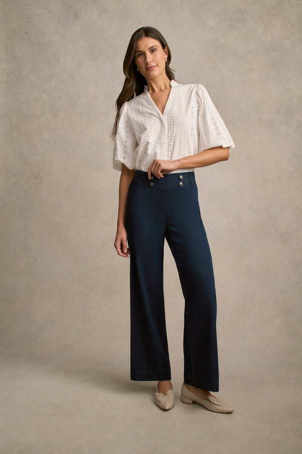 Tab Detail Wide Leg Jeans - Mid Wash Denim