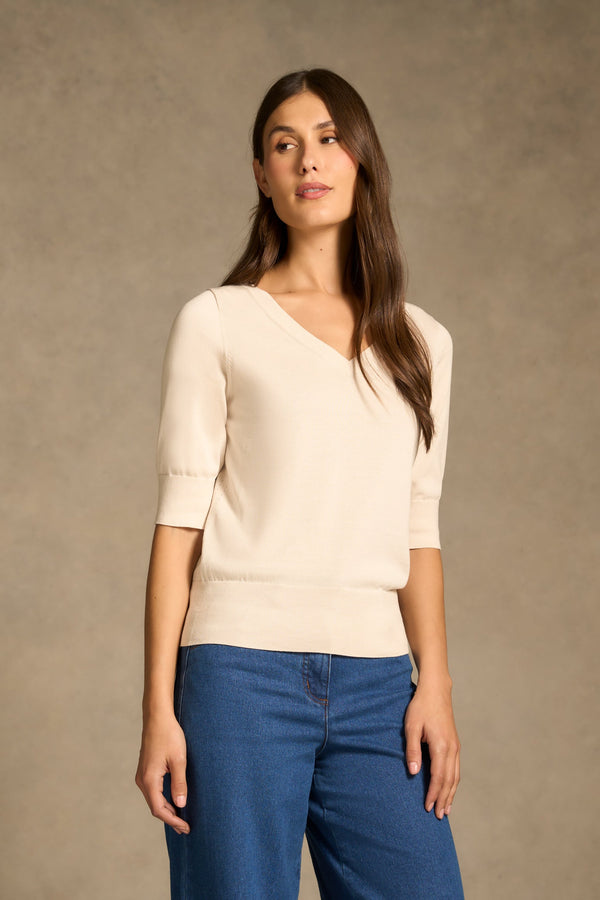 Cotton V-neck Knit - Vanilla