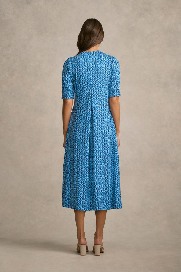 Jersey Midi Dress - Blue Tone Ikat Print