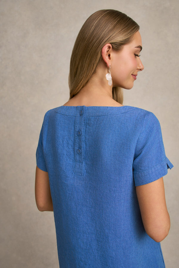 Scoop Neck Linen Dress - Periwinkle Cross Dye