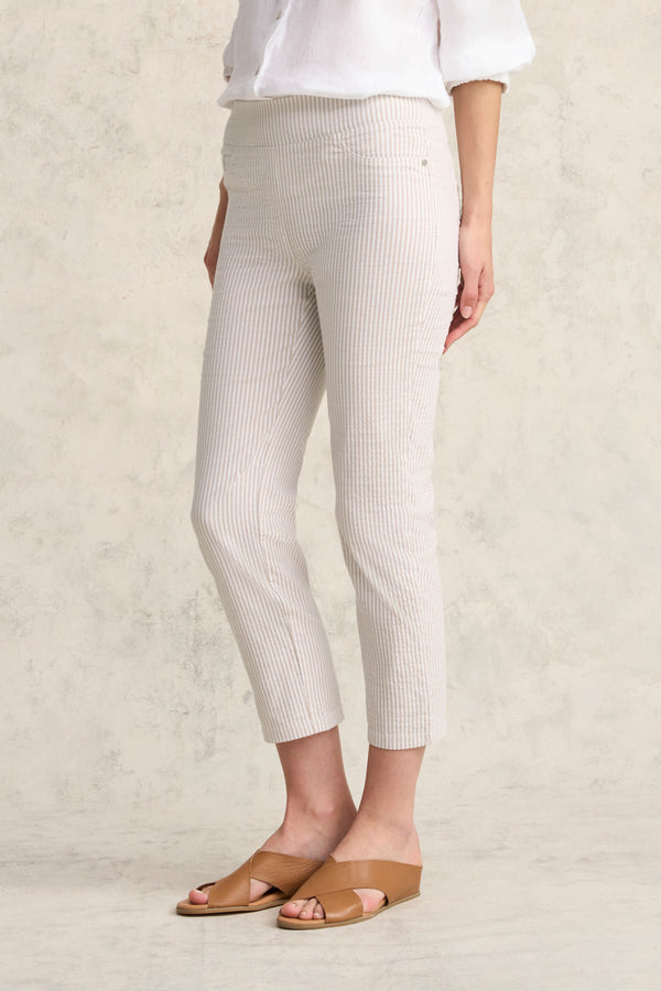 Bengajean Three Quarter Seersucker - Stone and White Stripe