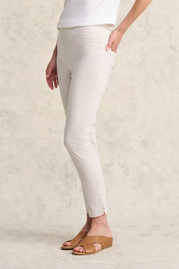 Bengajean Ankle Length Seersucker - Stone and White Stripe