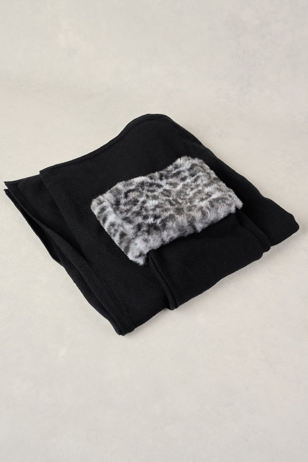 LEOPARD FAUX FUR TRIM PONCHO - BLACK AND WHITE