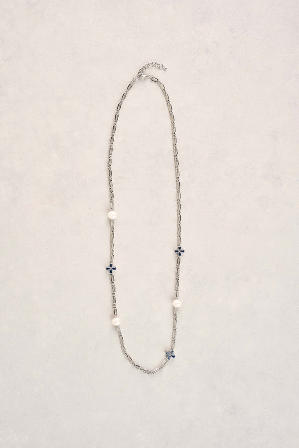 Long Pearl Link Clover Necklace - Blue