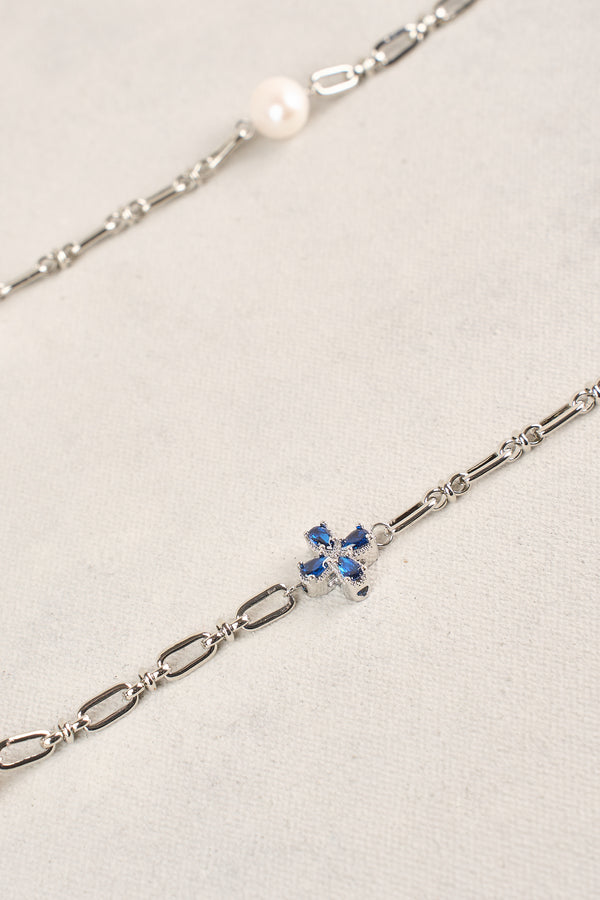 Long Pearl Link Clover Necklace - Blue