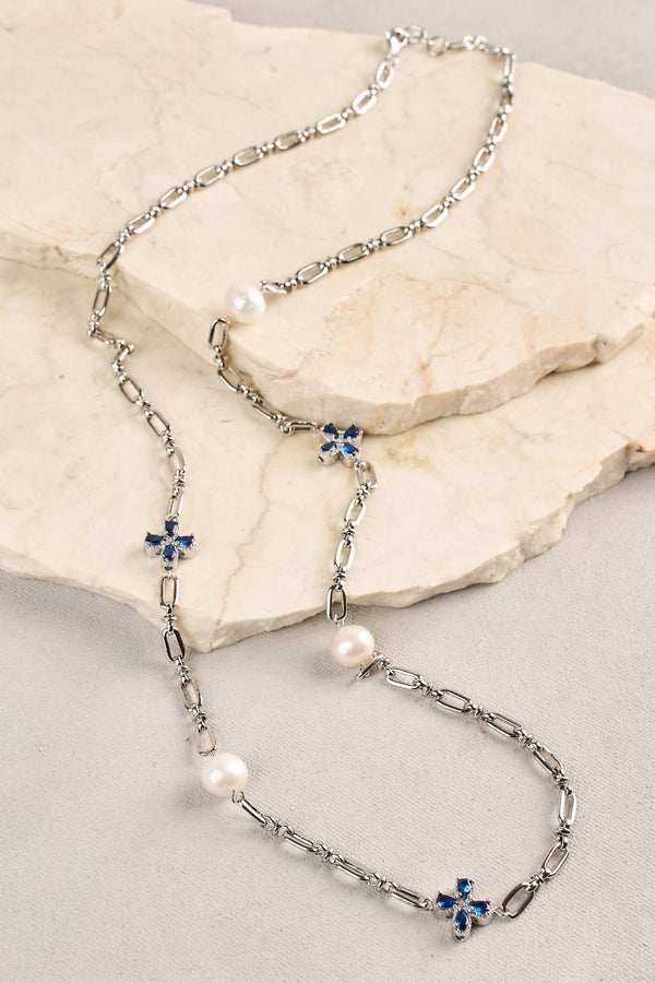 Long Pearl Link Clover Necklace - Blue
