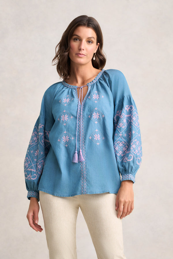 Embroidered Folk Blouse - Mid Denim Blue