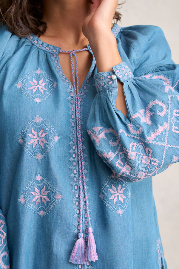 Embroidered Folk Blouse - Mid Denim Blue