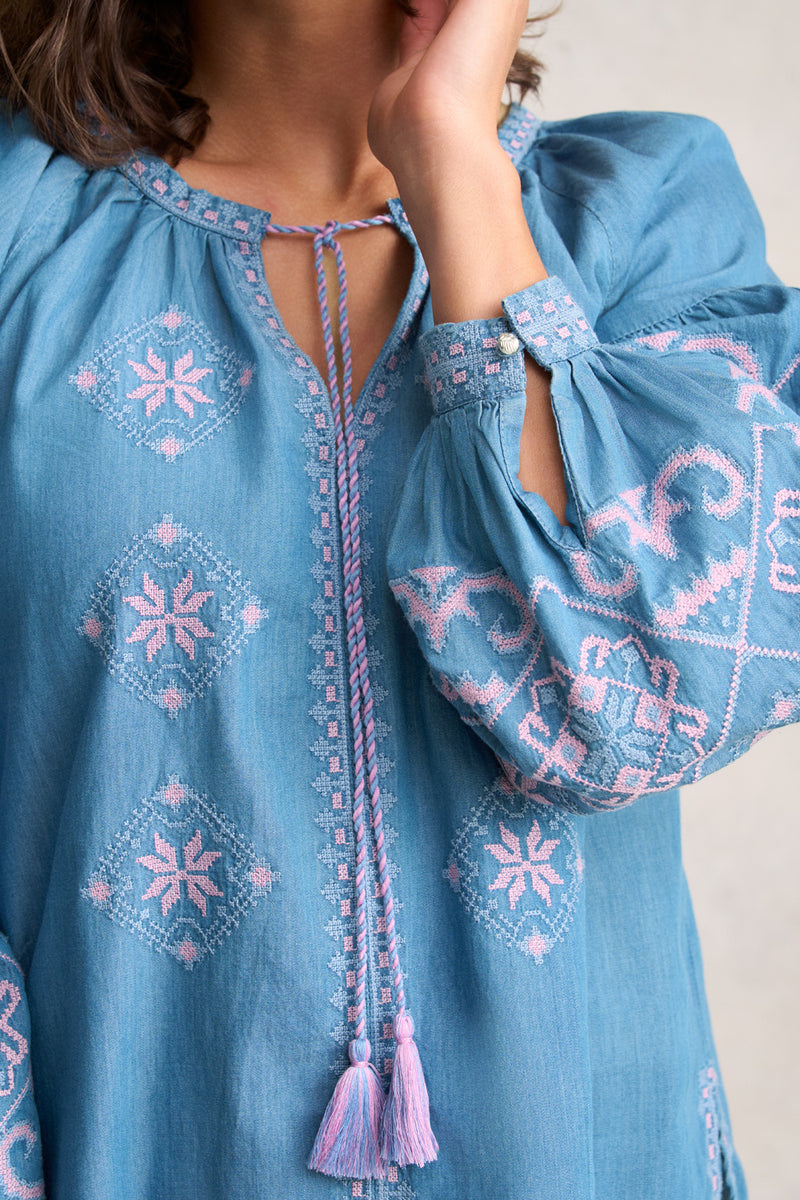 Embroidered Folk Blouse - Mid Denim Blue