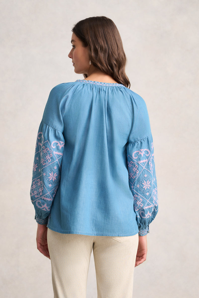 Embroidered Folk Blouse - Mid Denim Blue