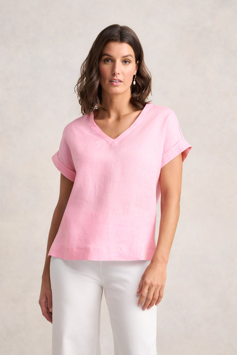 V-Neck Button Back Top - Petal Pink