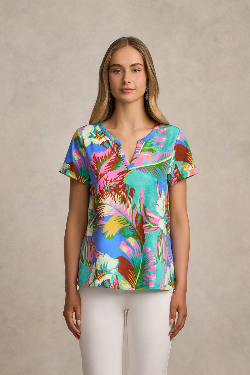 Notch Neck Cotton Tee - Tropics Print