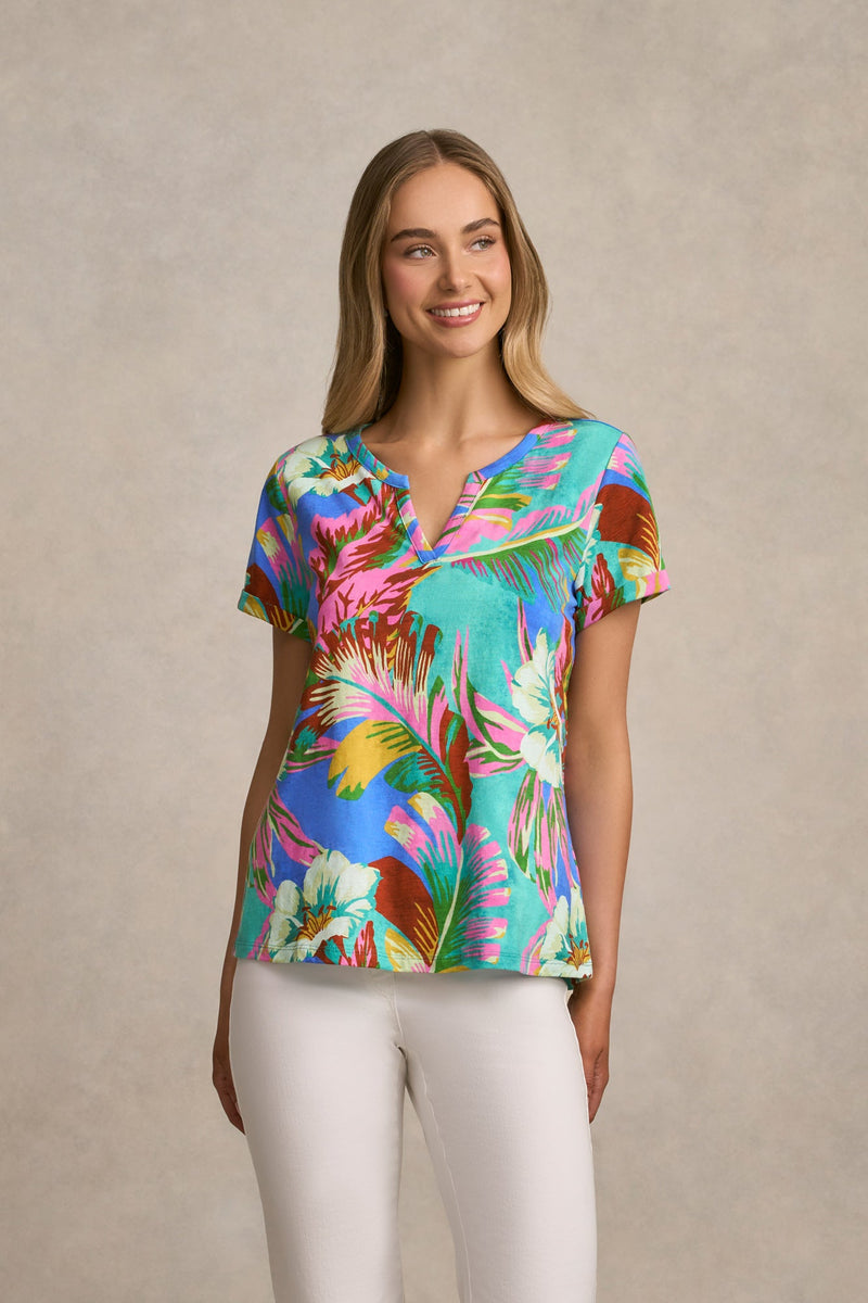 Notch Neck Cotton Tee - Tropics Print