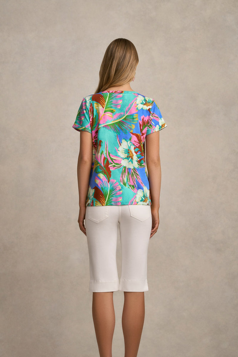 Notch Neck Cotton Tee - Tropics Print