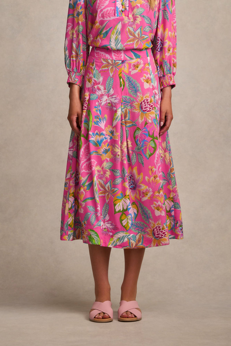 Button Detail Skirt - Pink Tropical Print