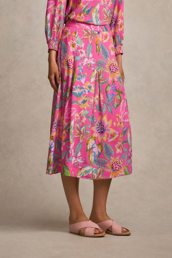 Button Detail Skirt - Pink Tropical Print