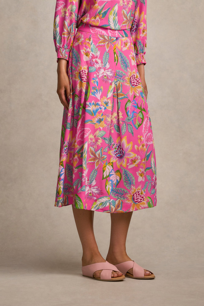 Button Detail Skirt - Pink Tropical Print