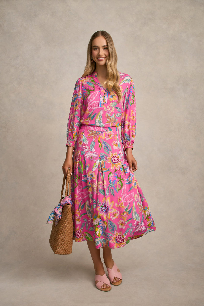 Button Detail Skirt - Pink Tropical Print