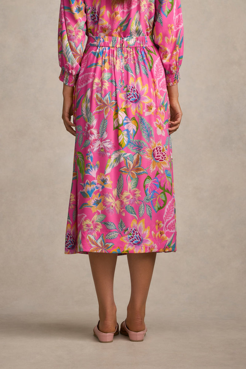 Button Detail Skirt - Pink Tropical Print