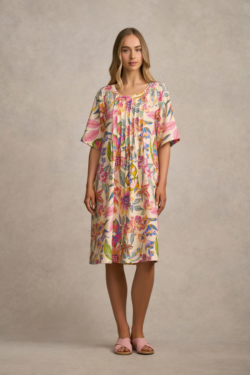 Linen Blend Pleat Front Dress - Tropical Print