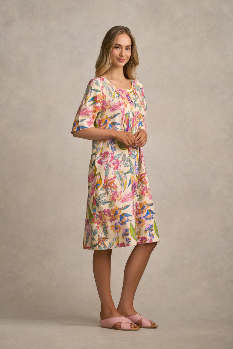 Linen Blend Pleat Front Dress - Tropical Print