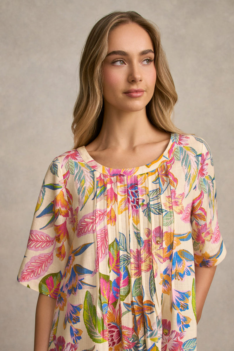 Linen Blend Pleat Front Dress - Tropical Print