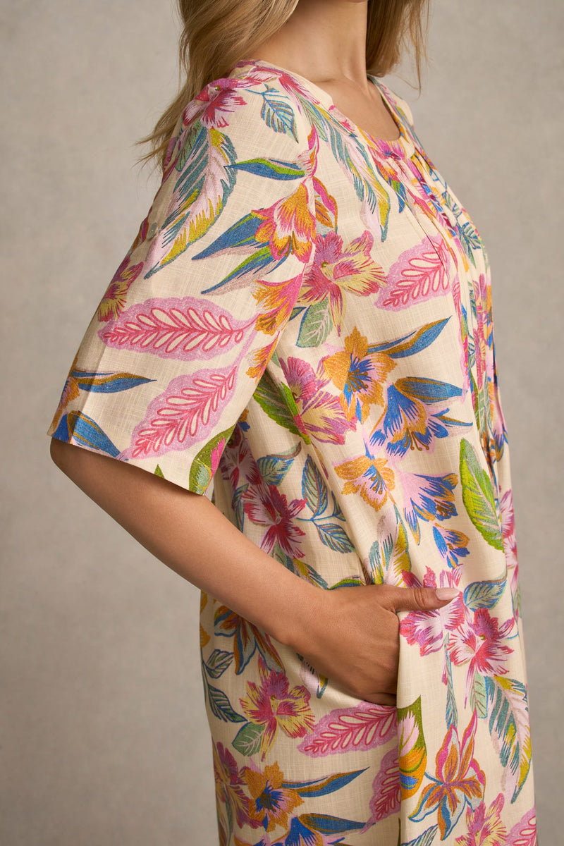 Linen Blend Pleat Front Dress - Tropical Print