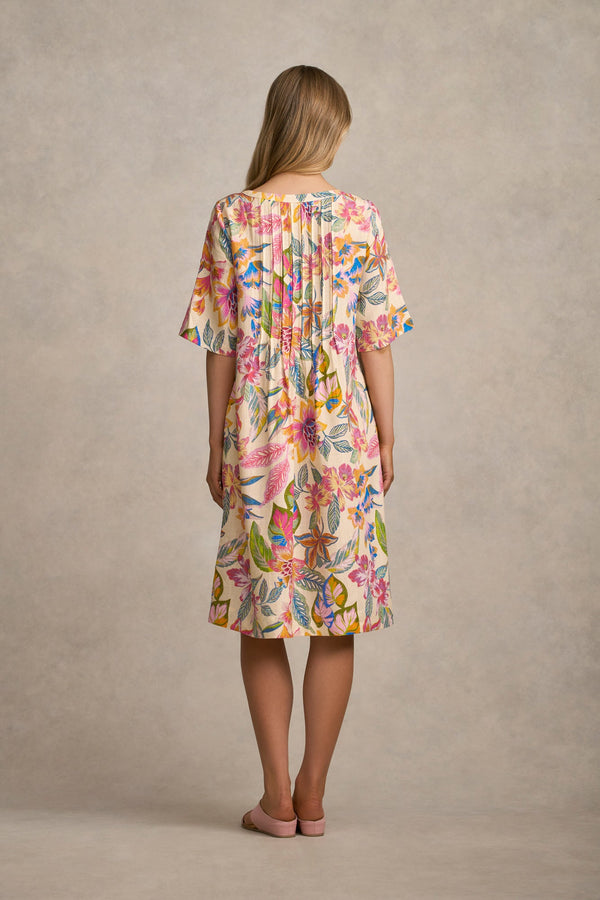 Linen Blend Pleat Front Dress - Tropical Print