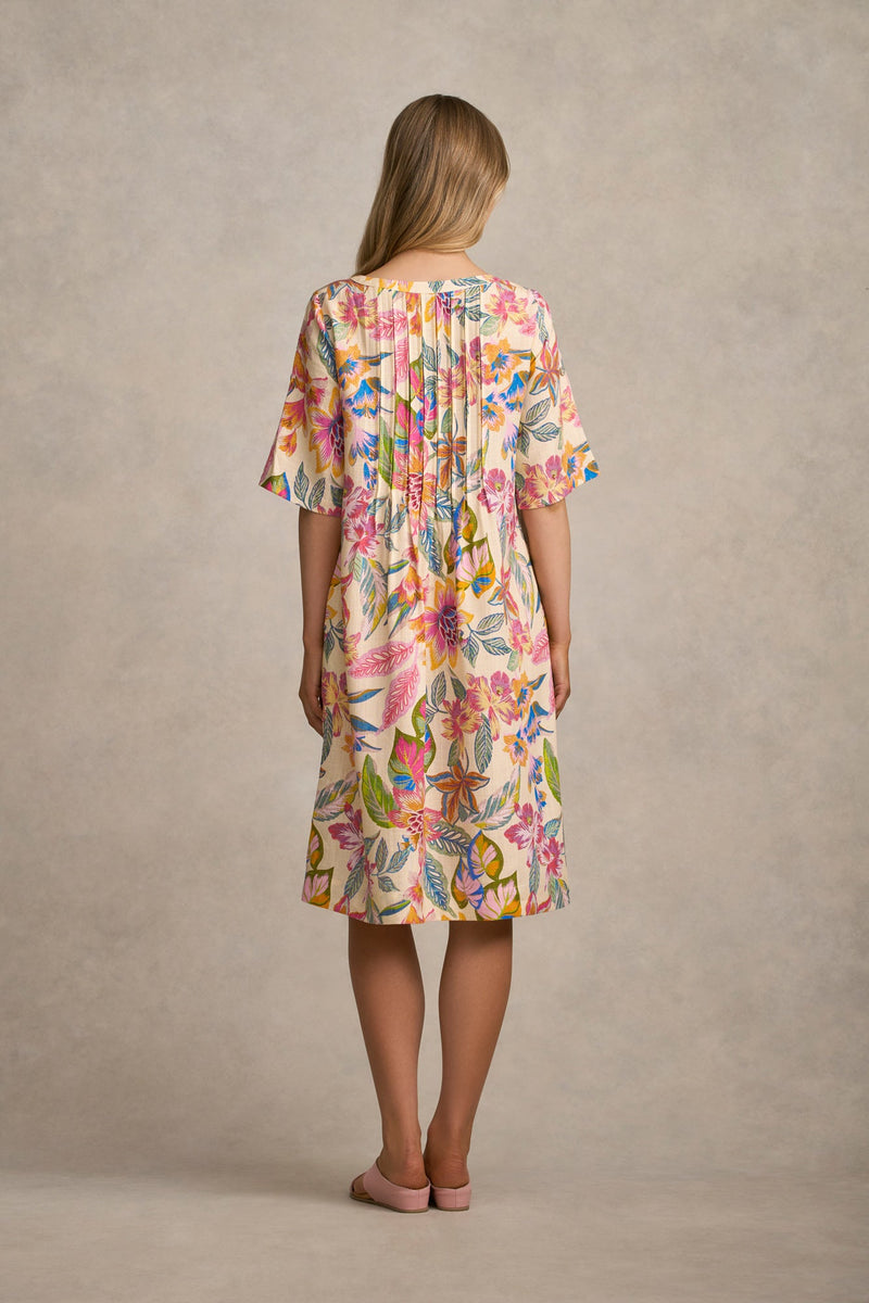 Linen Blend Pleat Front Dress - Tropical Print