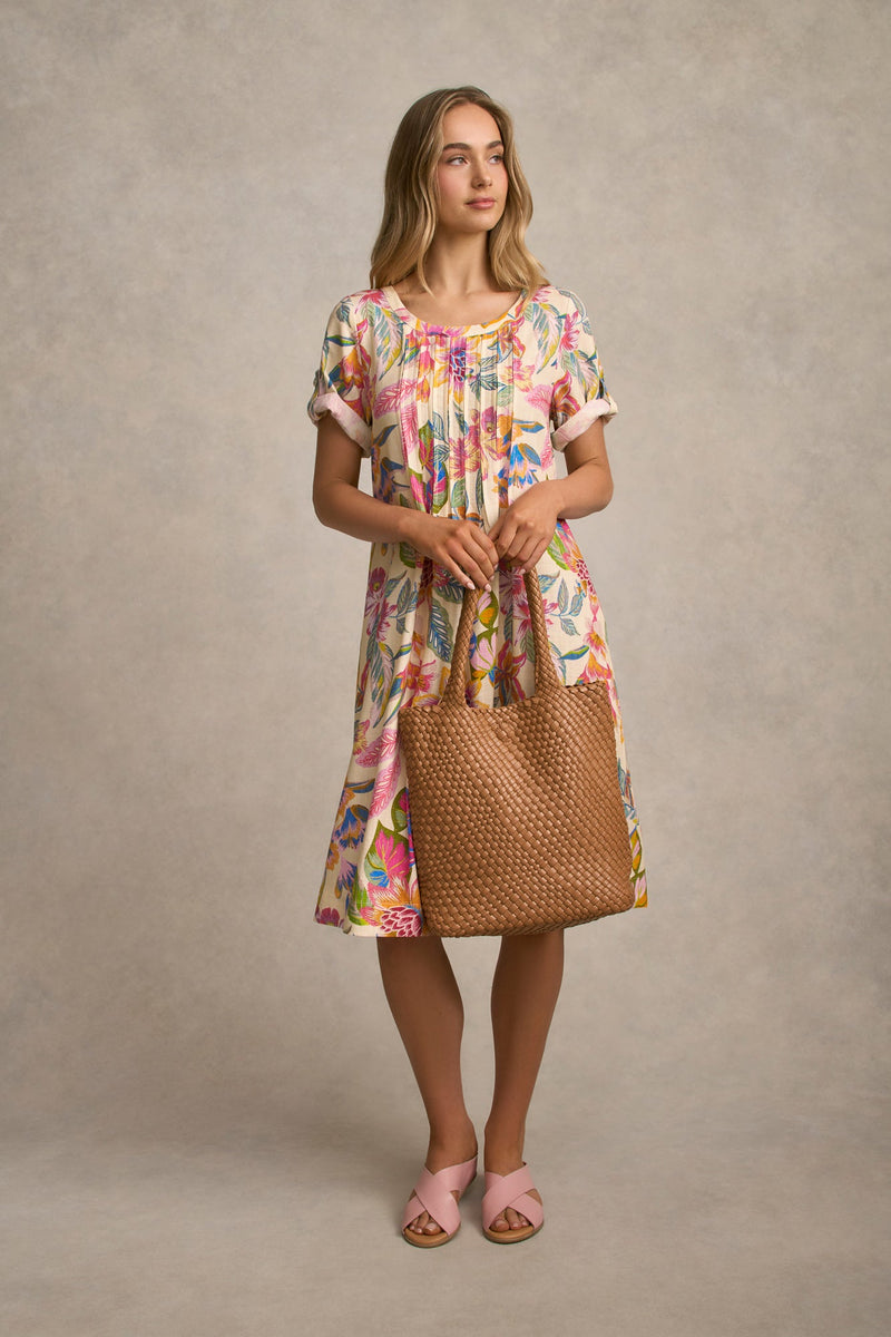Linen Blend Pleat Front Dress - Tropical Print