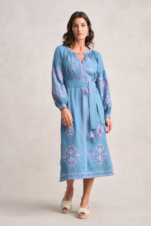 Embroidered Folk Dress - Mid Denim Blue