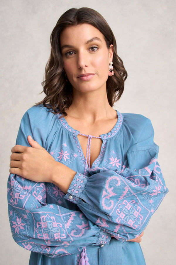 Embroidered Folk Dress - Mid Denim Blue