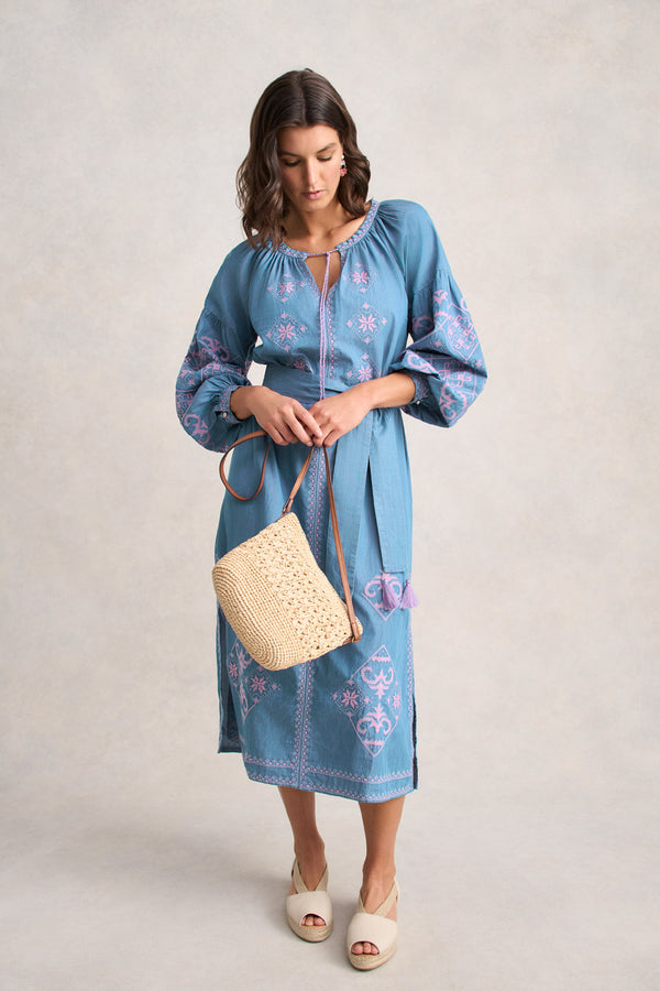 Embroidered Folk Dress - Mid Denim Blue