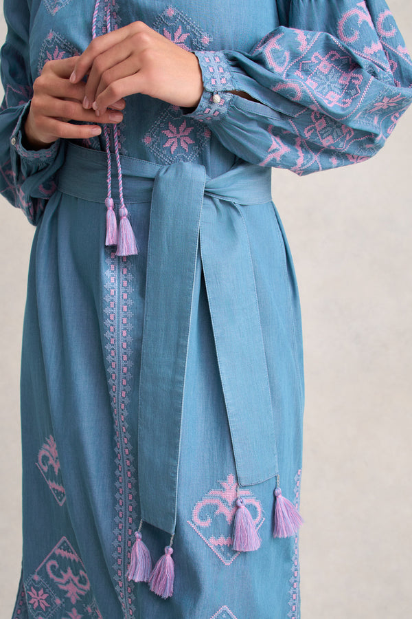 Embroidered Folk Dress - Mid Denim Blue