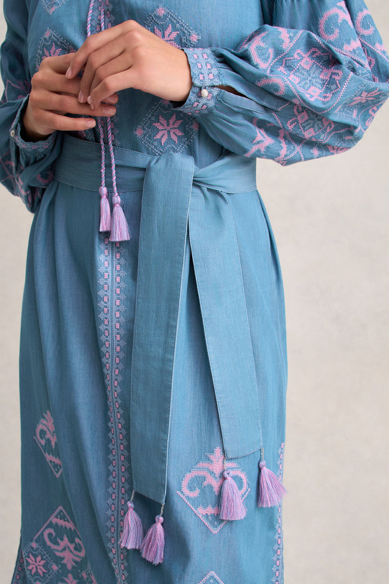 Embroidered Folk Dress - Mid Denim Blue