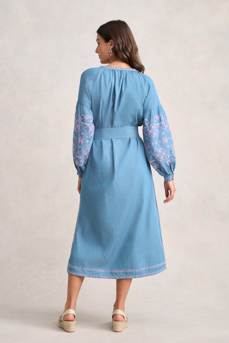Embroidered Folk Dress - Mid Denim Blue