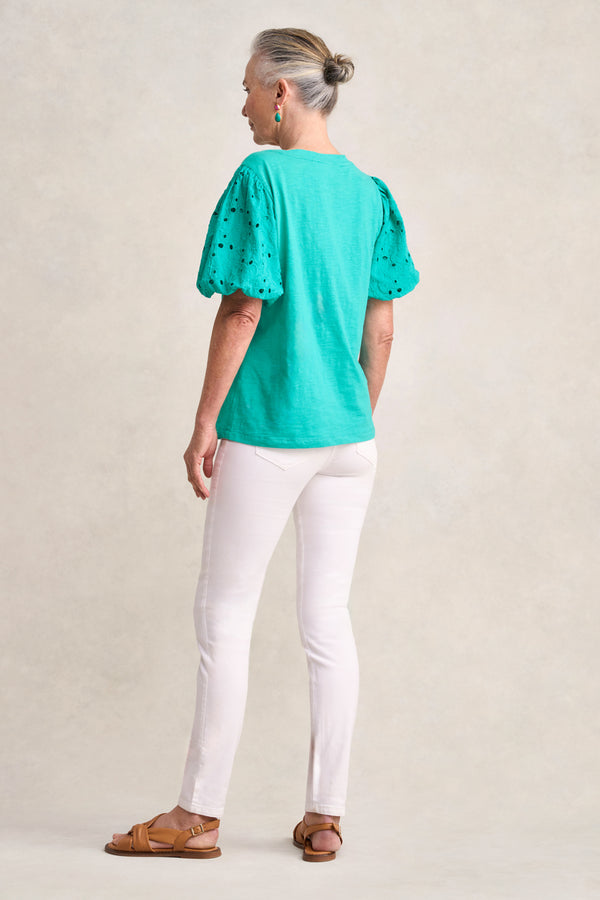 Broderie Sleeve Cotton T-Shirt - Viridian